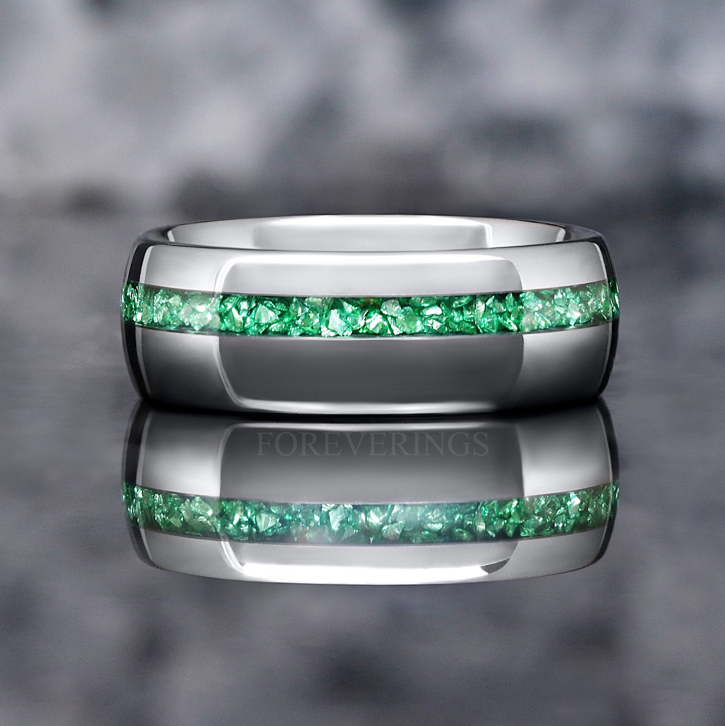 Emerald Mens Wedding Band, Silver Tungsten Ring, 8mm or 6mm Green Gemstone Ring, Dome, Polish, Man Engagement Ring, Unique Promise Ring, Engraving
