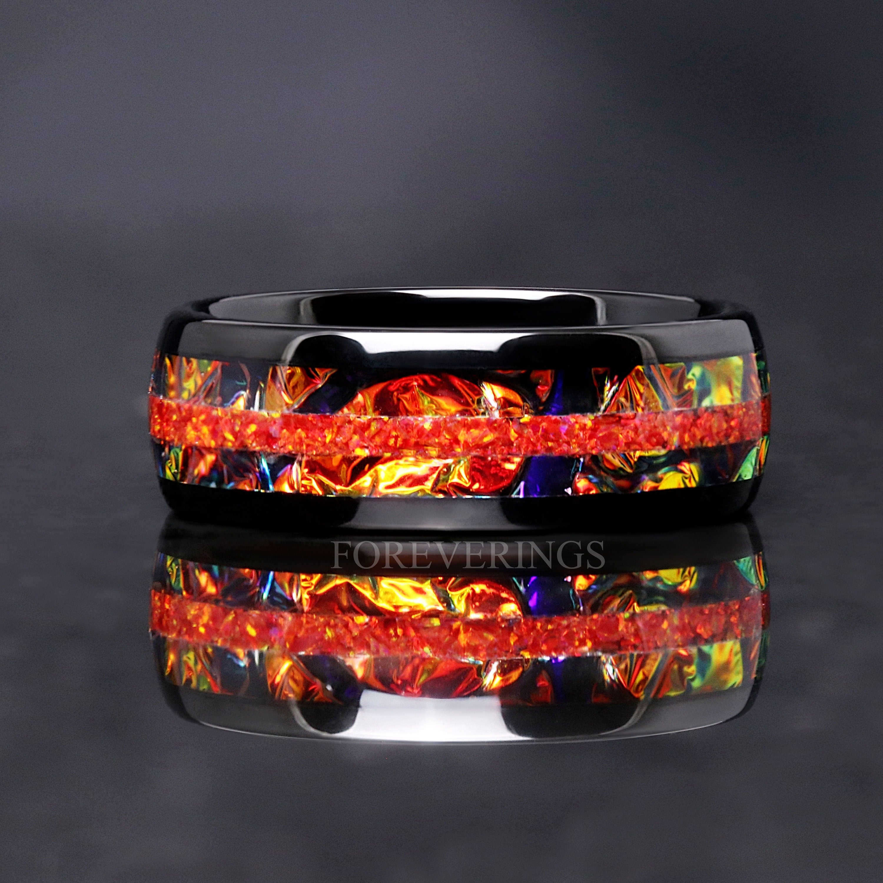 Caraxes Red Fire Opal Tungsten Wedding Band, Man Nebula Ring, Red Space Ring, Black and Red Ring, Dichrolam, Unique Man Ring, Engraving