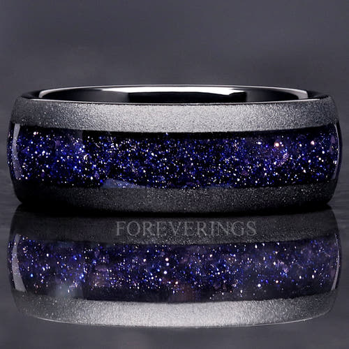 Men's 8mm black tungsten ring with blue sandstone inlay, sandblasted finish, close front view