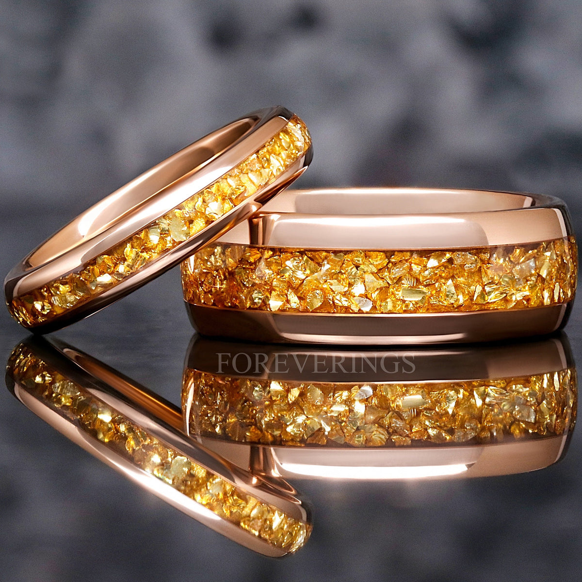Matching rose gold tungsten couples ring set with crushed citrine inlay, 8mm and 4mm