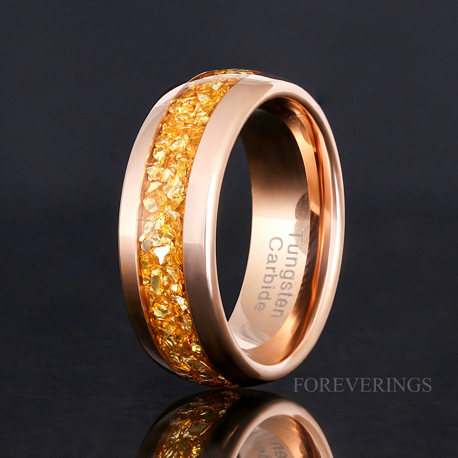Men Citrine Rose Tungsten Wedding Band, Unique Man Ring, Crushed Citrine Glass Stones, Polished, Dome, Comfort Fit, Promise Ring, Engraving