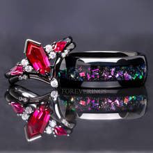 His and Her Ruby Wedding Ring Set, Black Tungsten Band, 925 Silver, Cass Supernova, Unique Engagement Ring Set, Matching Couple Ring