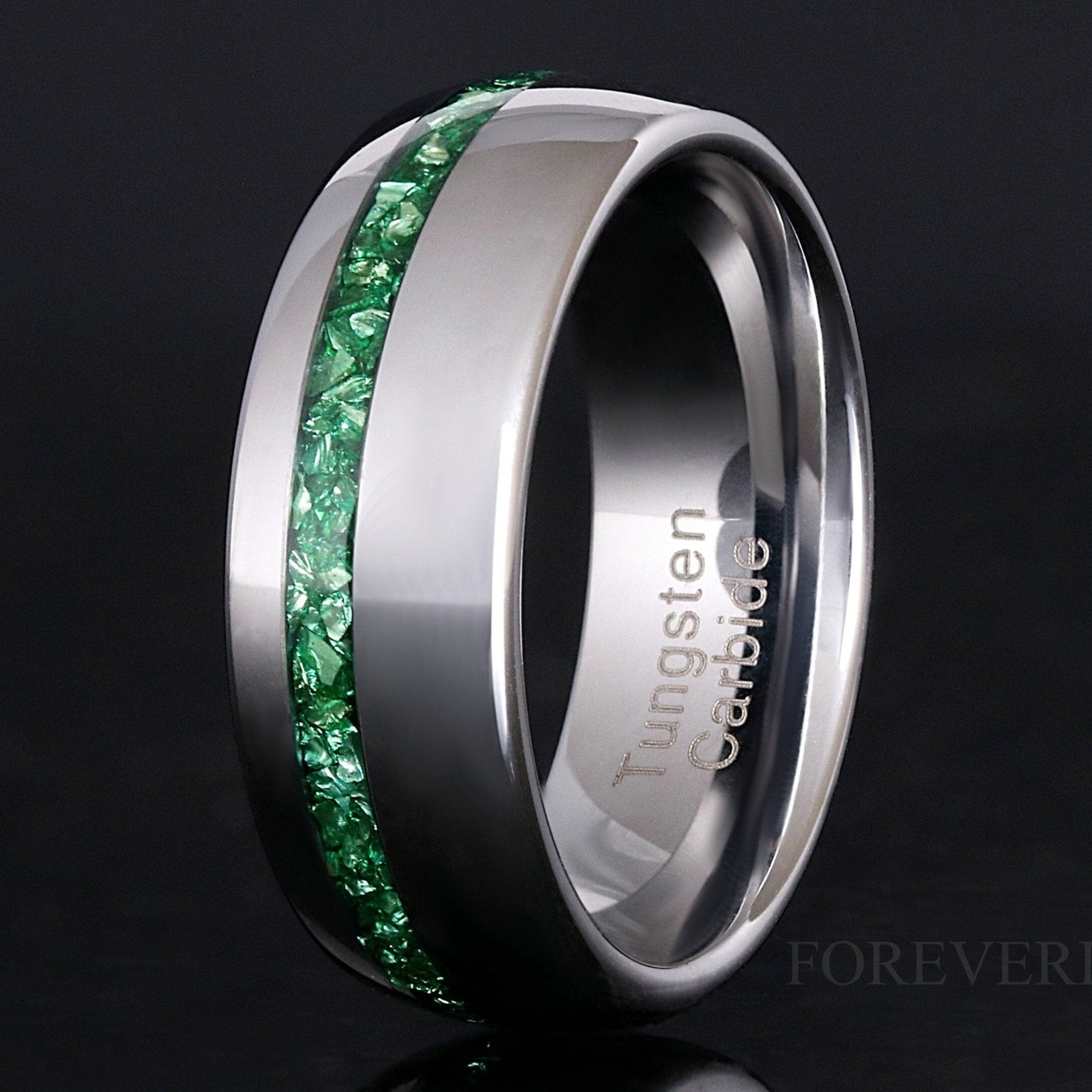 Emerald Mens Wedding Band, Silver Tungsten Ring, 8mm or 6mm Green Gemstone Ring, Dome, Polish, Man Engagement Ring, Unique Promise Ring, Engraving