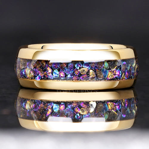 Gold tungsten wedding band with Veil nebula moonstone inlay, front view