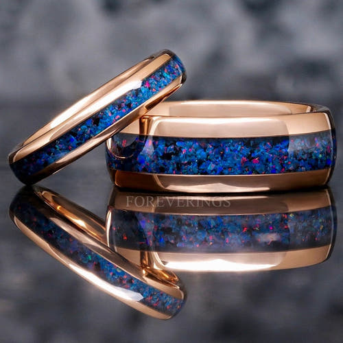 Matching rose gold tungsten couples ring set with crushed indigo blue opal inlay, 8mm and 4mm