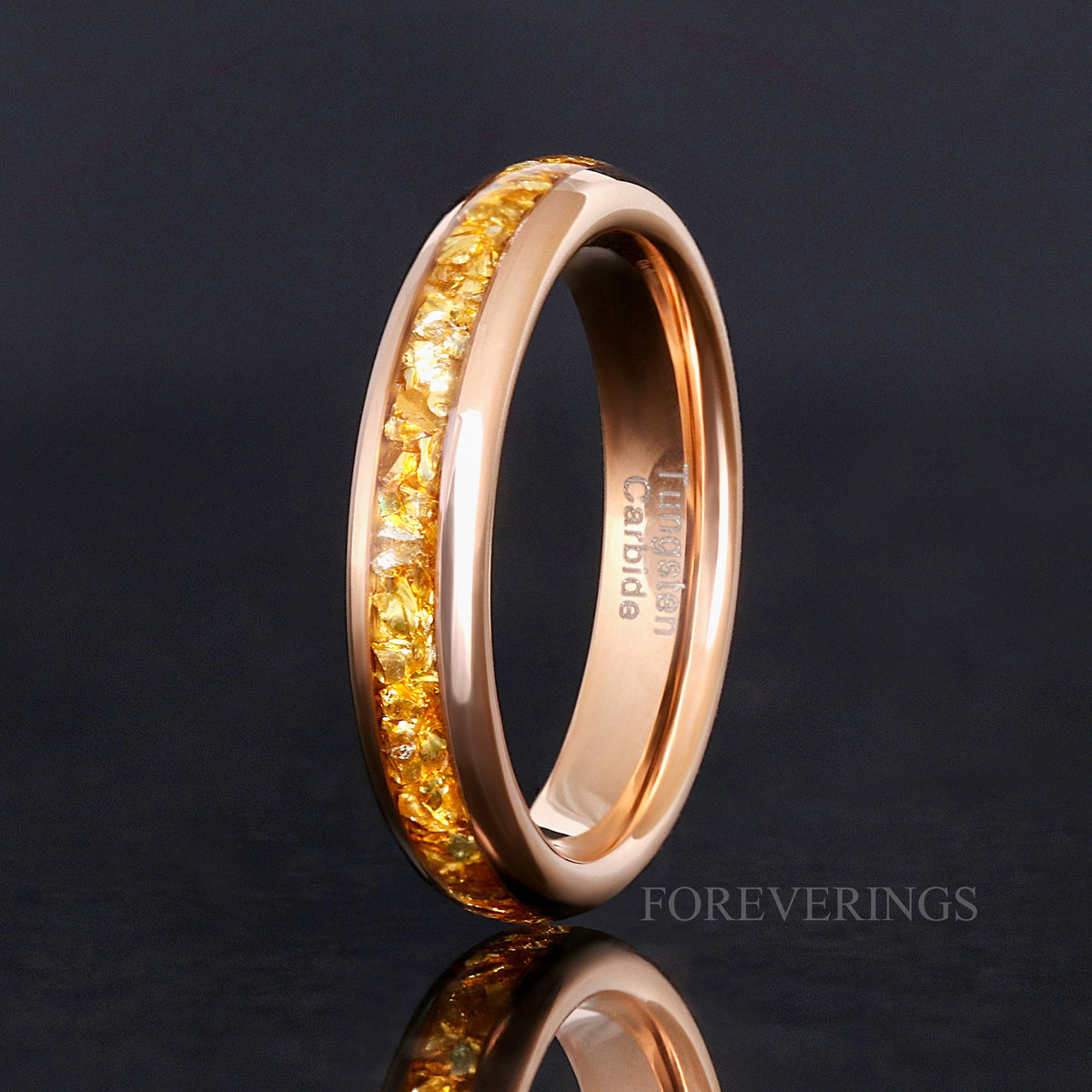 Women's 4mm rose gold tungsten band with citrine inlay, standing upright