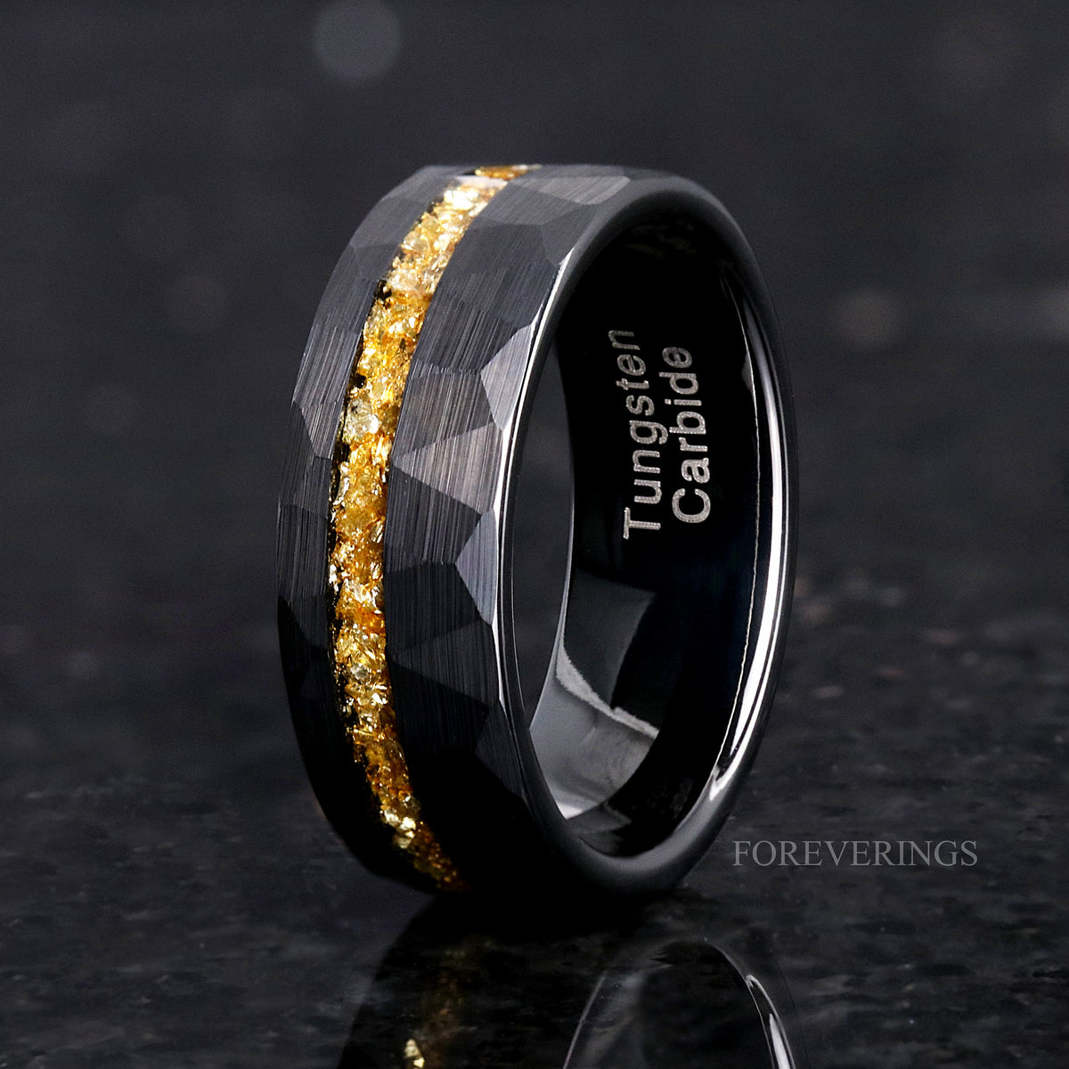 Men's 8mm black hammered tungsten band with crushed citrine inlay, angled to show the interior