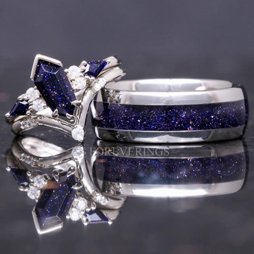 Matching silver couples ring set: blue sandstone engagement ring with curved band and 8mm tungsten band