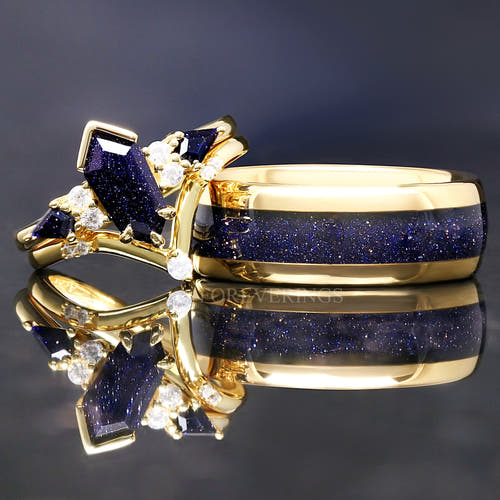 Matching gold couples ring set with coffin-cut blue sandstone engagement ring and 8mm tungsten band