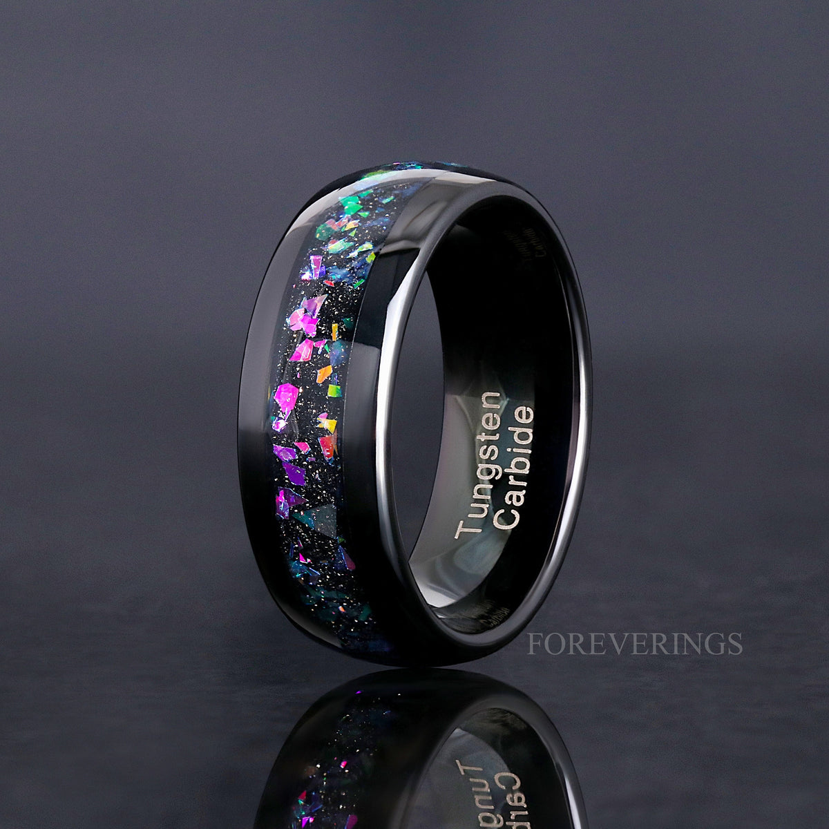 8mm black tungsten wedding band with multicolor supernova-inspired inlay, standing upright