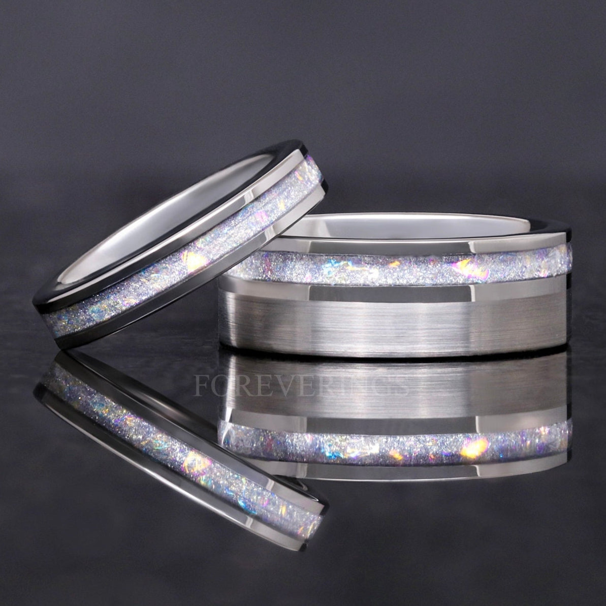 Matching silver tungsten couples ring set with crushed moonstone inlay, 8mm and 4mm
