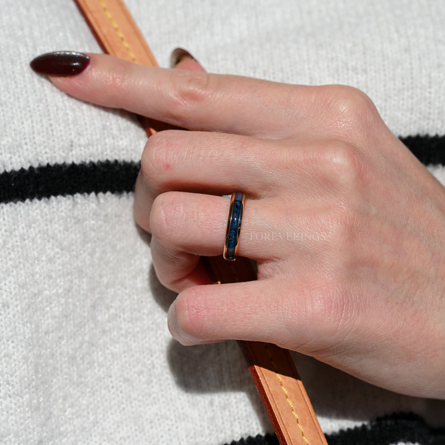 Indigo Blue Fire Opal Inlay | Rose Gold Tungsten Wedding Band