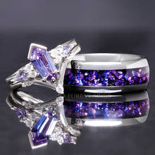 His Her Alexandrite Coffin Kite Engagement Ring Set, Crab Nebula Wedding Ring Set, Couples Ring, 925 Sterling Silver and Silver Tungsten