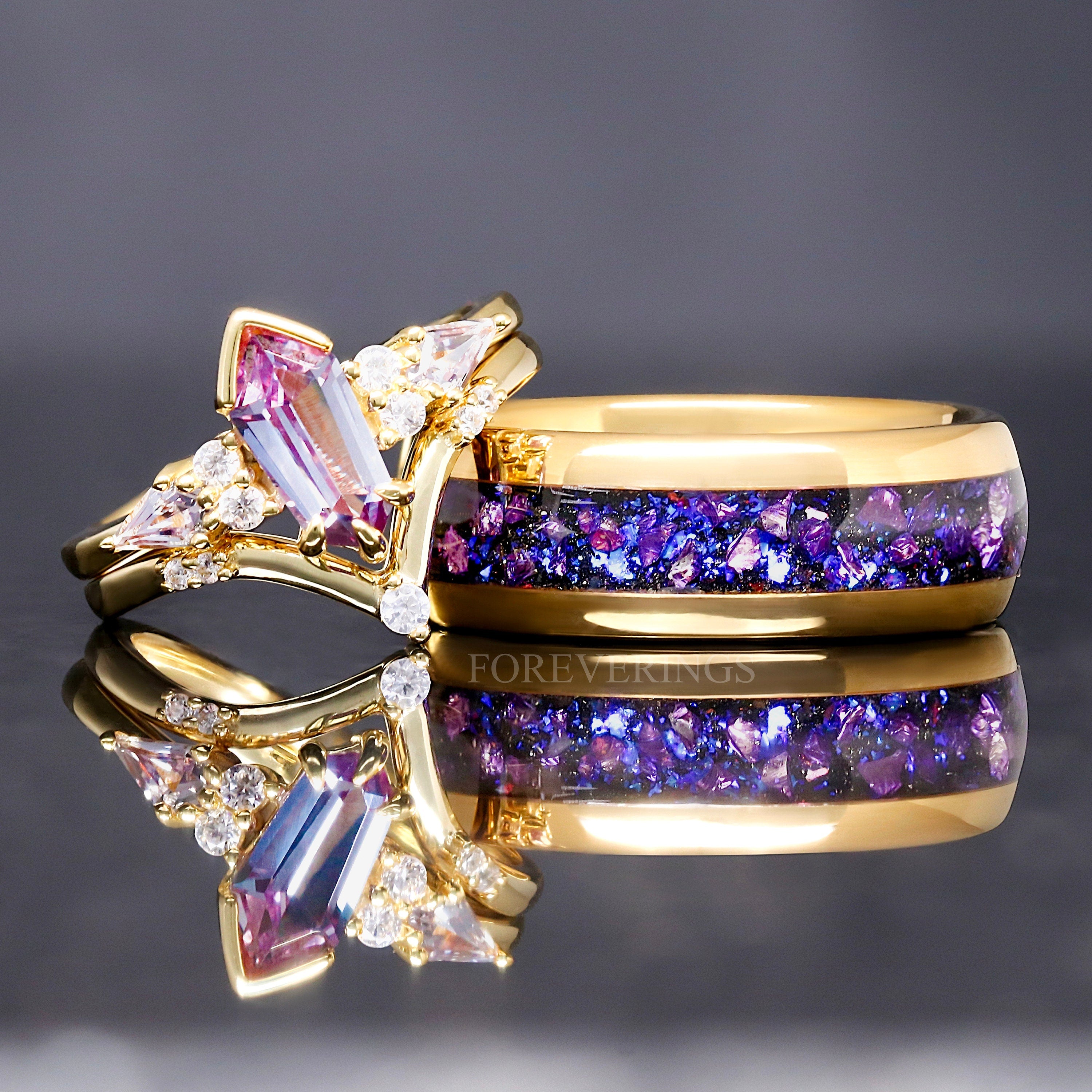 His and Her Gold Alexandrite Ring Set, Couple Crab Nebula Ring, Space Gold Wedding Band, 925 Sterling Silver and Gold Tungsten Ring Set