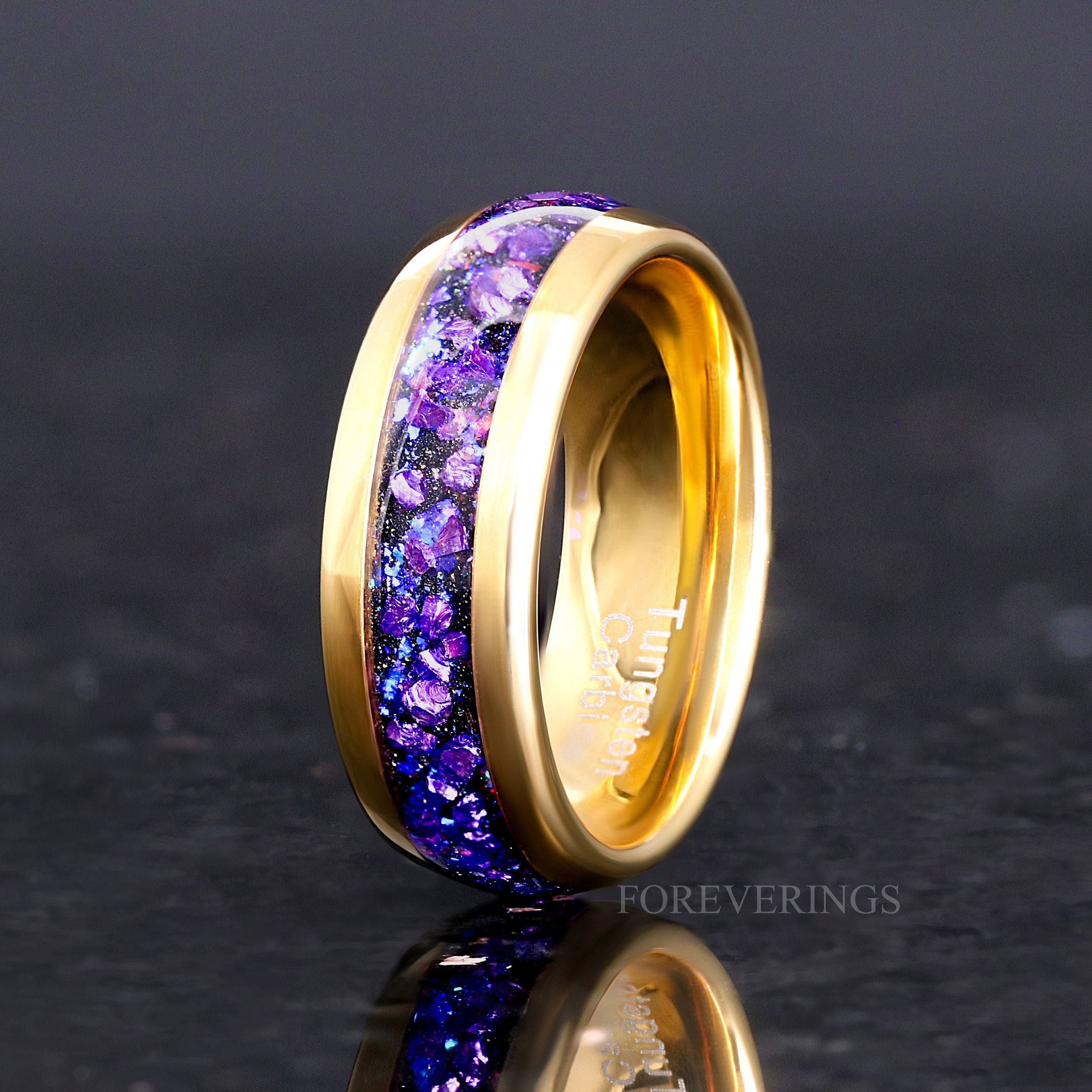 His and Her Gold Alexandrite Ring Set, Couple Crab Nebula Ring, Space Gold Wedding Band, 925 Sterling Silver and Gold Tungsten Ring Set