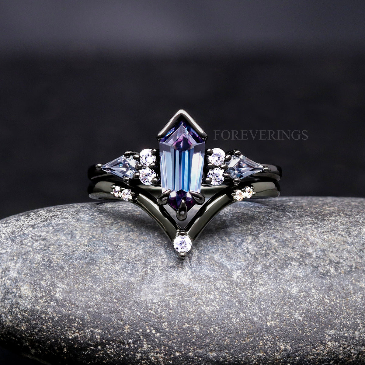 Women's black sterling silver coffin kite alexandrite engagement ring set, shown straight on