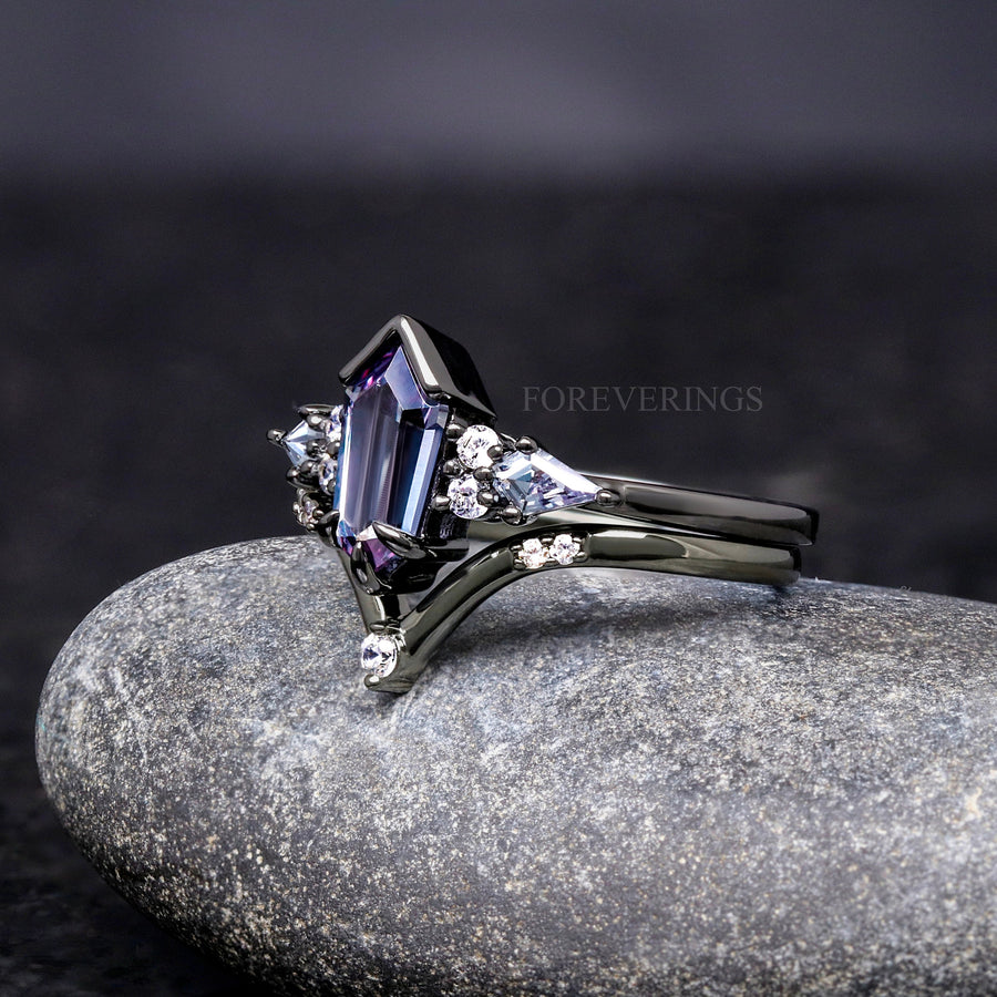 Black Alexandrite Engagement Ring Set, Woman Crab Nebula Ring, Kite Coffin, Black Gold, 925 Sterling Silver, Alternative Woman Wedding Ring