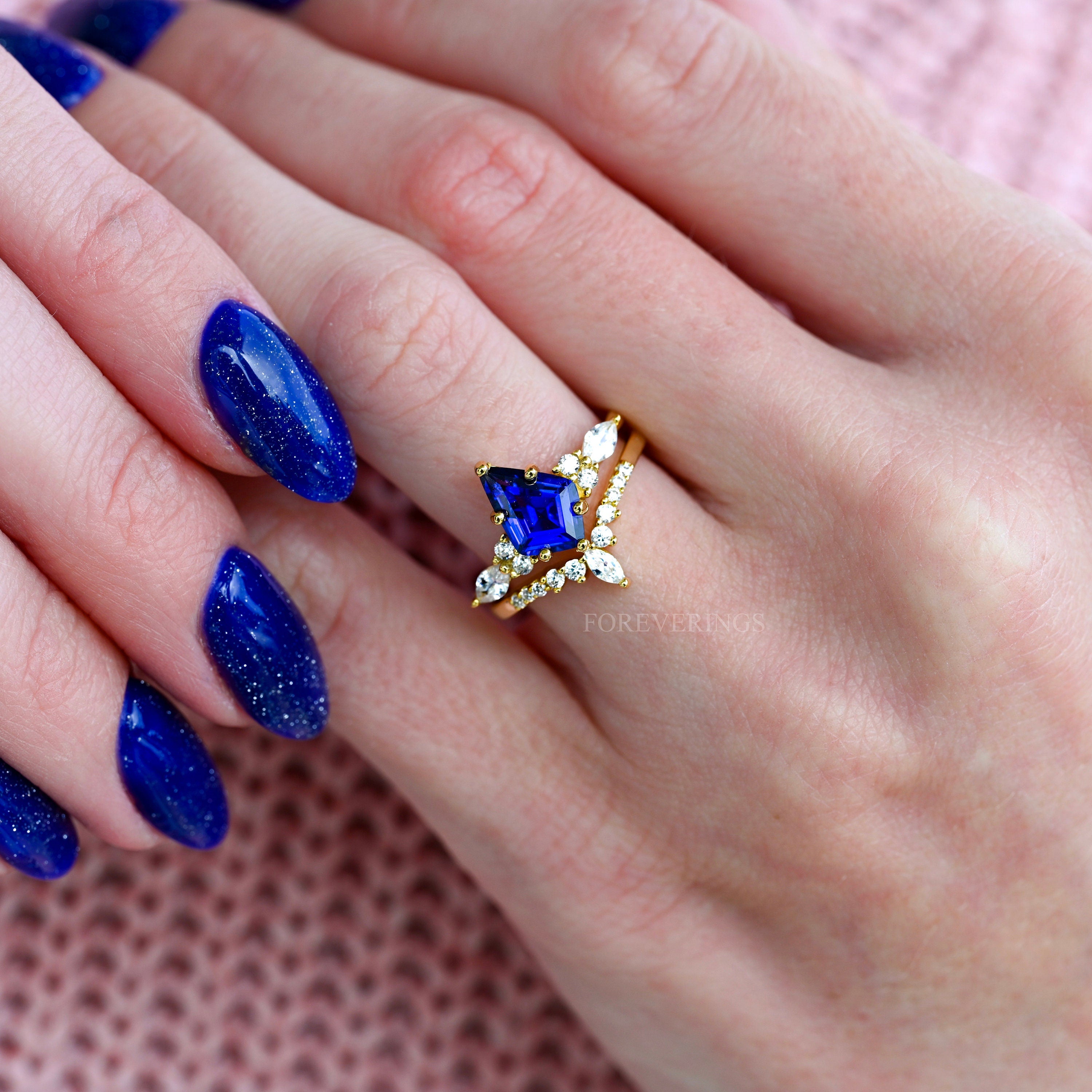 Kite Cut Sapphire His and Hers Wedding Ring Set - Gold Couples Rings