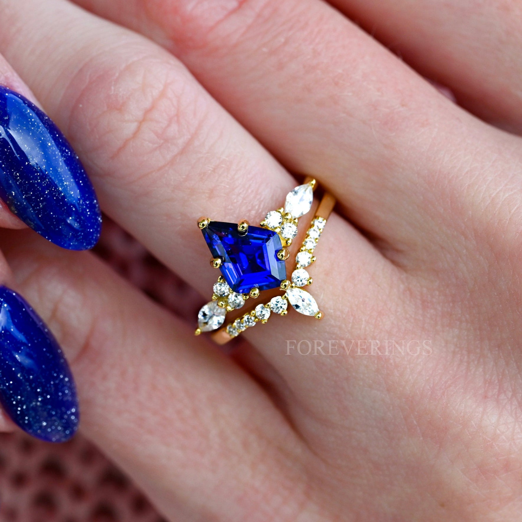 Kite Cut Blue Sapphire Engagement Ring - Orion Nebula Space Wedding Band Set, 925 Sterling Silver & Yellow Gold, Unique Gift for Her