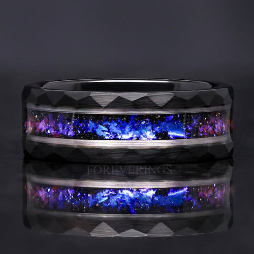 Men's 8mm hammered black tungsten band with Orion nebula sandstone inlay, shown straight on
