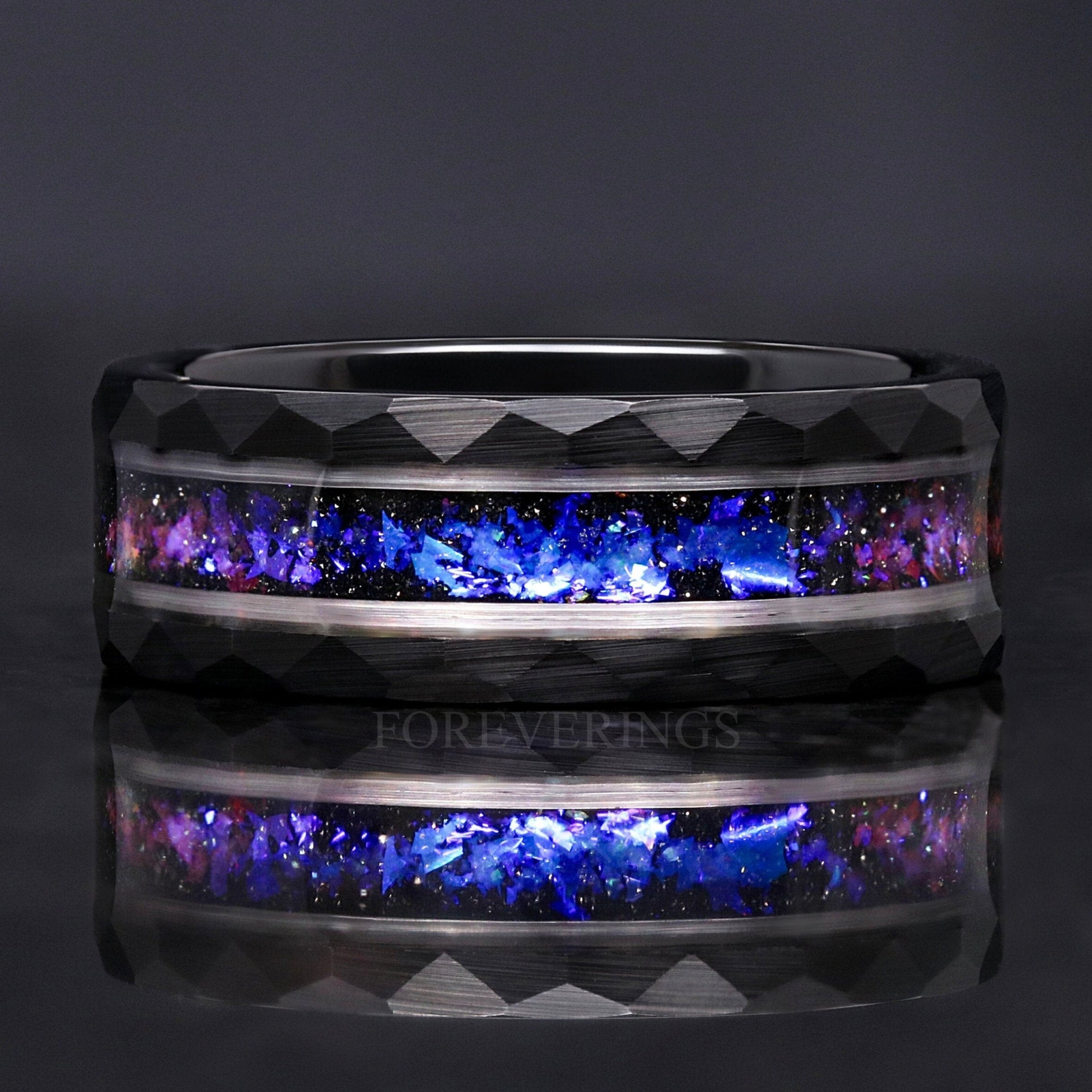 Orion Nebula Ring, Mens Wedding Band, Black Hammered Tungsten, 8mm Space Ring, Blue Sandstone, Man Tungsten Ring, Black Galaxy Ring, Engrave