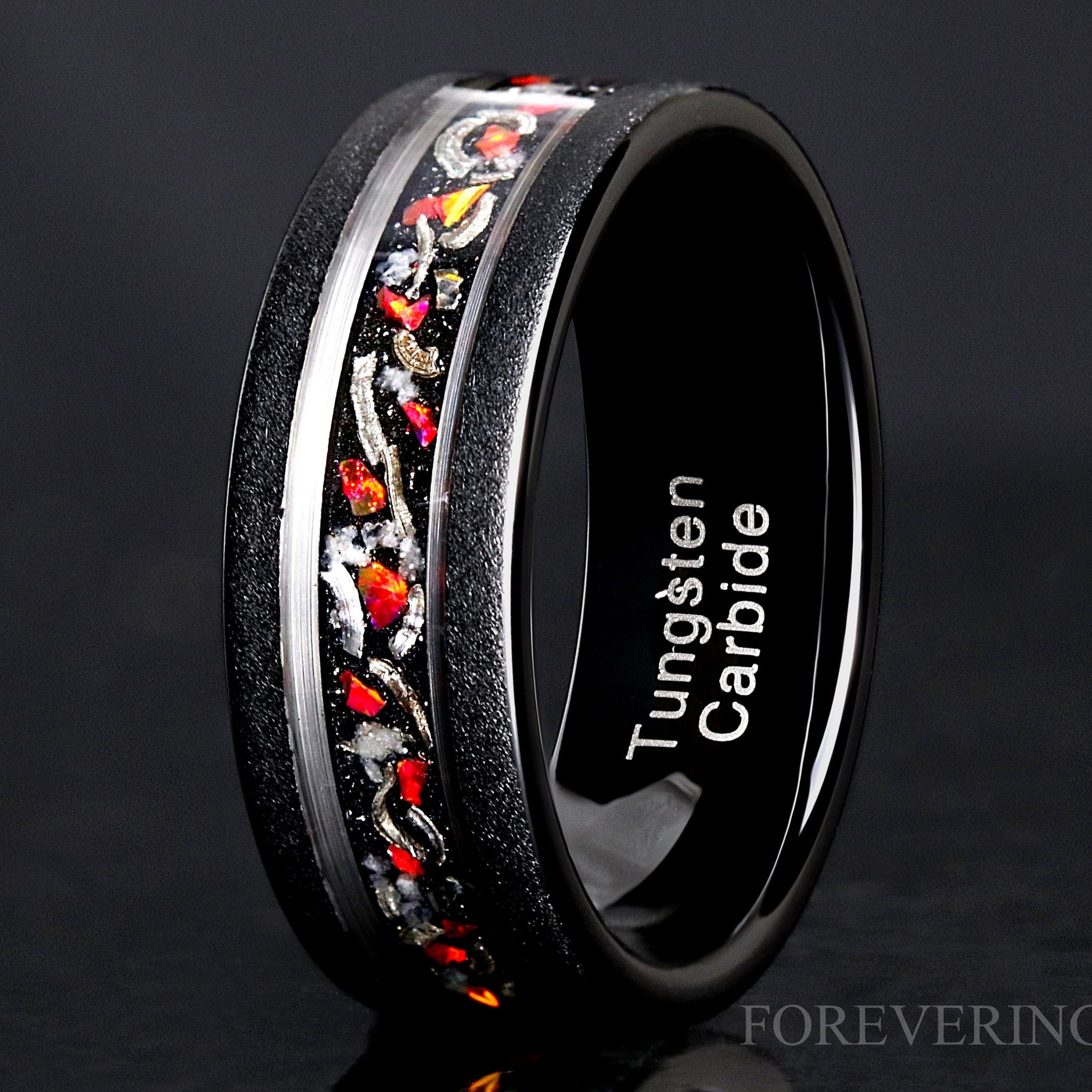 Glow Meteorite Galaxy Red Opal Ring, Man Glow in the Dark Wedding Band, 8mm Black Tungsten Ring, Sandblasted Two Tone Black and Silver Strip