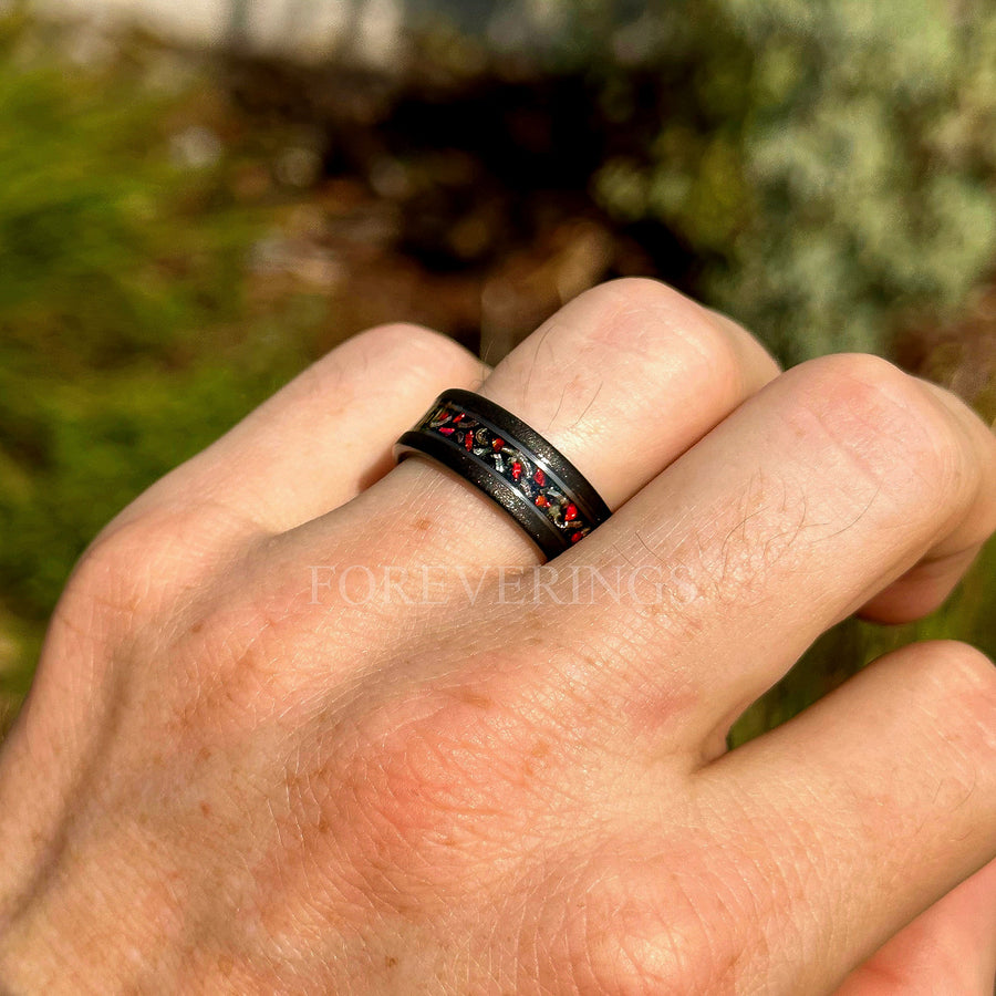 Glow Stone Meteorite Red Opal Ring | Men's Black Tungsten Wedding Band