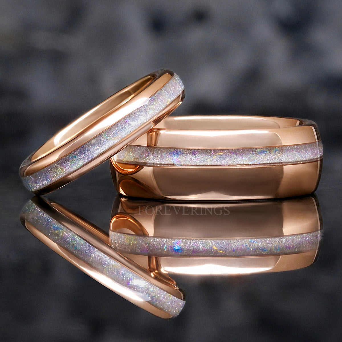 Matching rose gold tungsten couples ring set with moonstone inlay, 8mm and 4mm