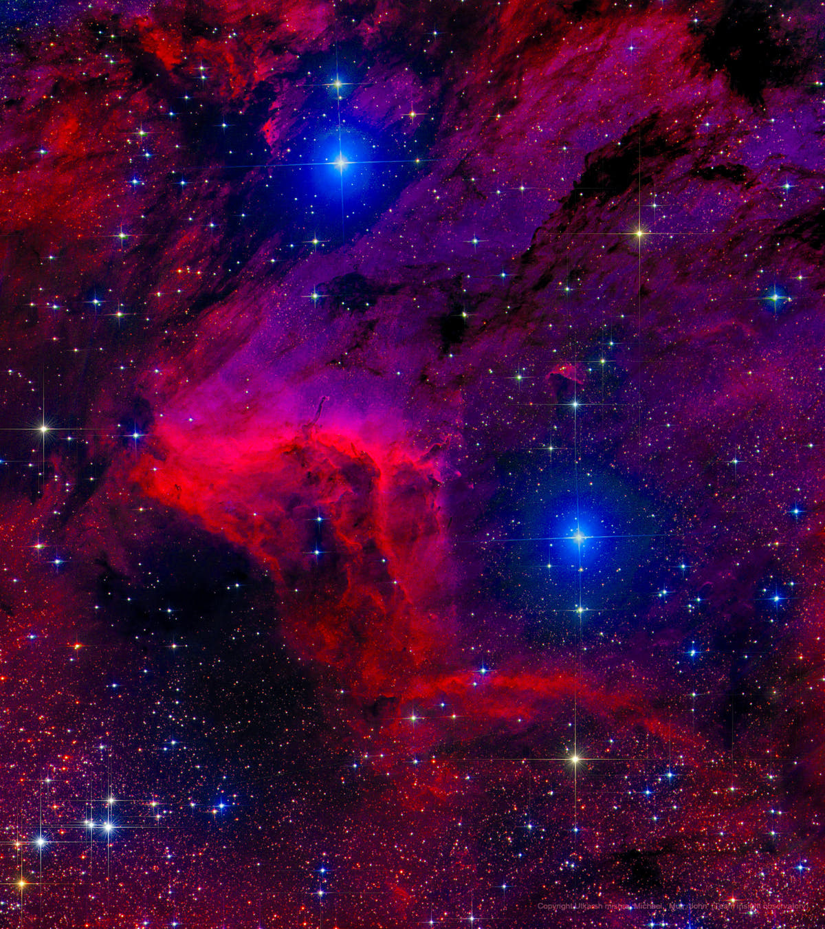 Pelican Nebula in deep space, the inspiration for the red and blue inlay