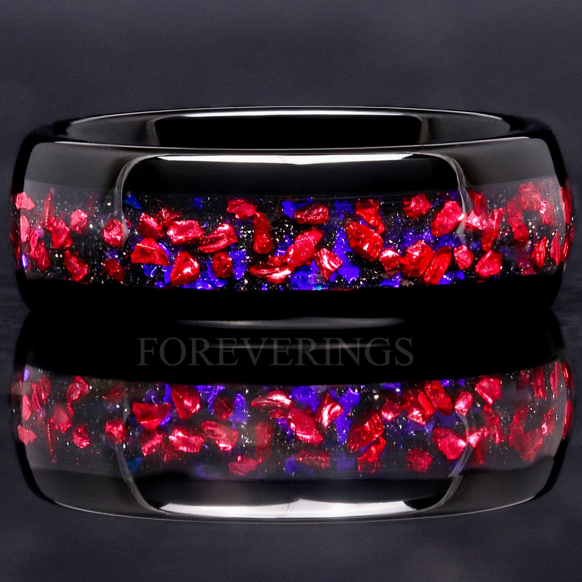 Pelican Nebula Ring, Mens Wedding Band, Space Black Tungsten Ring, Ruby Red and Blue Sandstone, Dome Polish, Red Galaxy Ring, Engraving