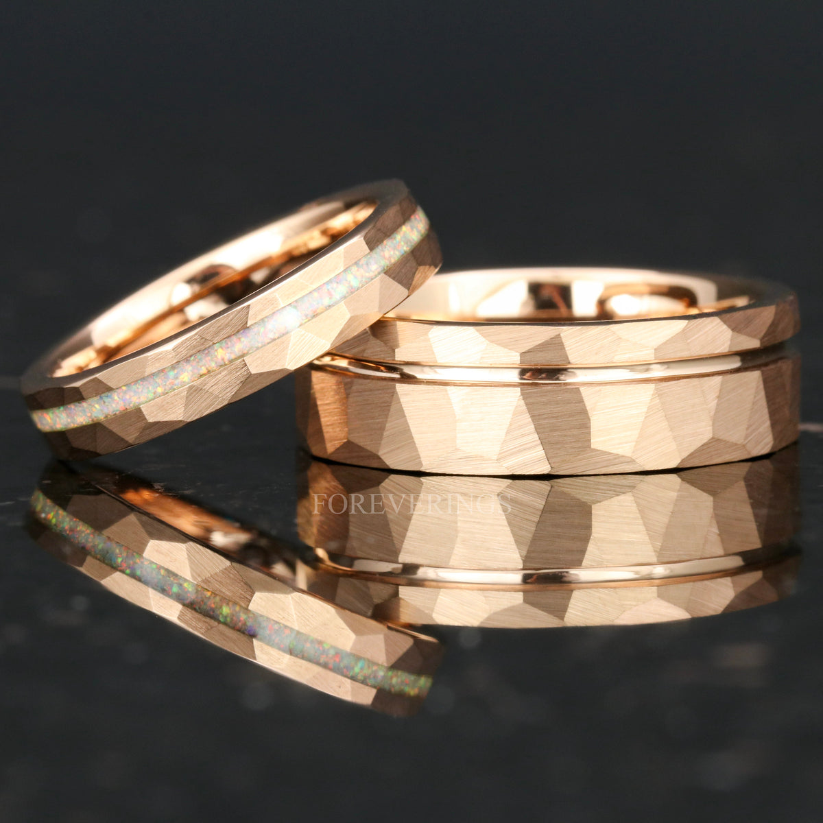 Matching hammered rose gold tungsten couples ring set, 7mm band and 4mm white fire opal ring