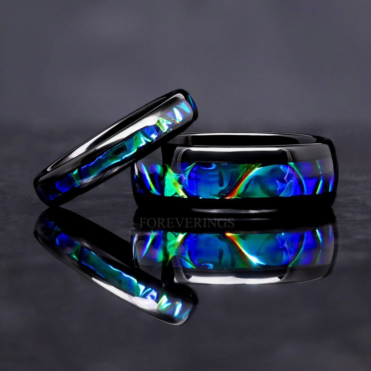 Black tungsten azure bands in 4mm and 8mm, the narrower leaning on the wider
