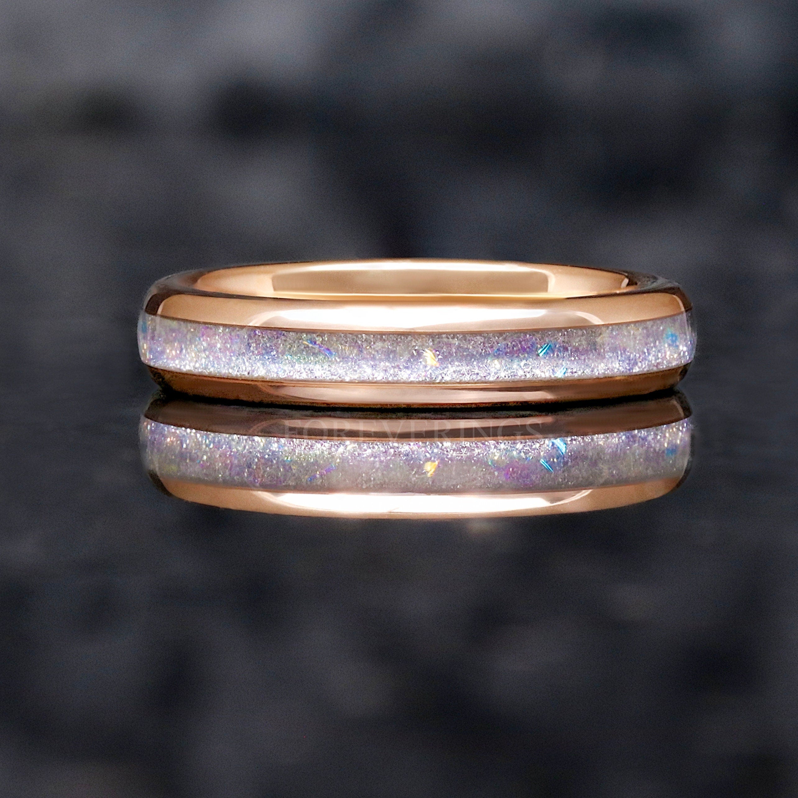 Moonstone Wedding Band, Rose Gold Tungsten Ring, 4mm Nebula Ring, Polished, Dome, Comfort Fit, Unique Ring, Men Women Ring, Engraving