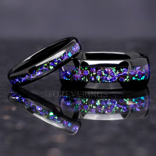 Matching black tungsten couples ring set with Ghost nebula inlay in purple, blue and green, 8mm and 4mm