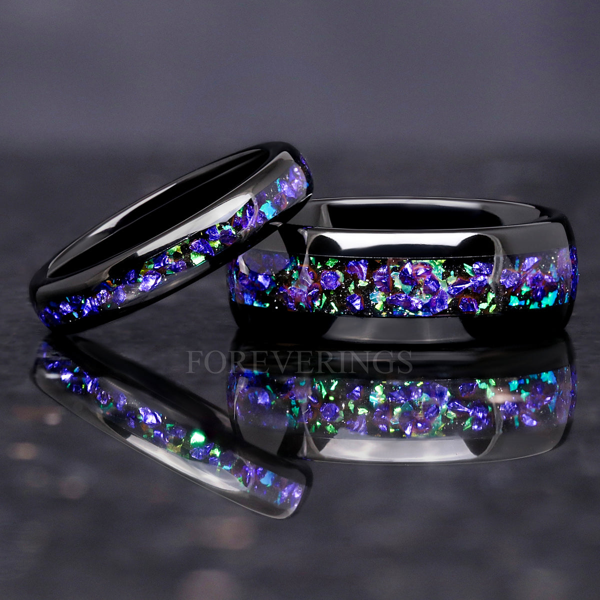 Matching black tungsten couples ring set with Ghost nebula inlay in purple, blue and green, 8mm and 4mm