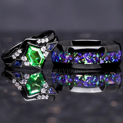 Matching black couples ring set with green tsavorite engagement ring and 8mm Ghost nebula inlay band