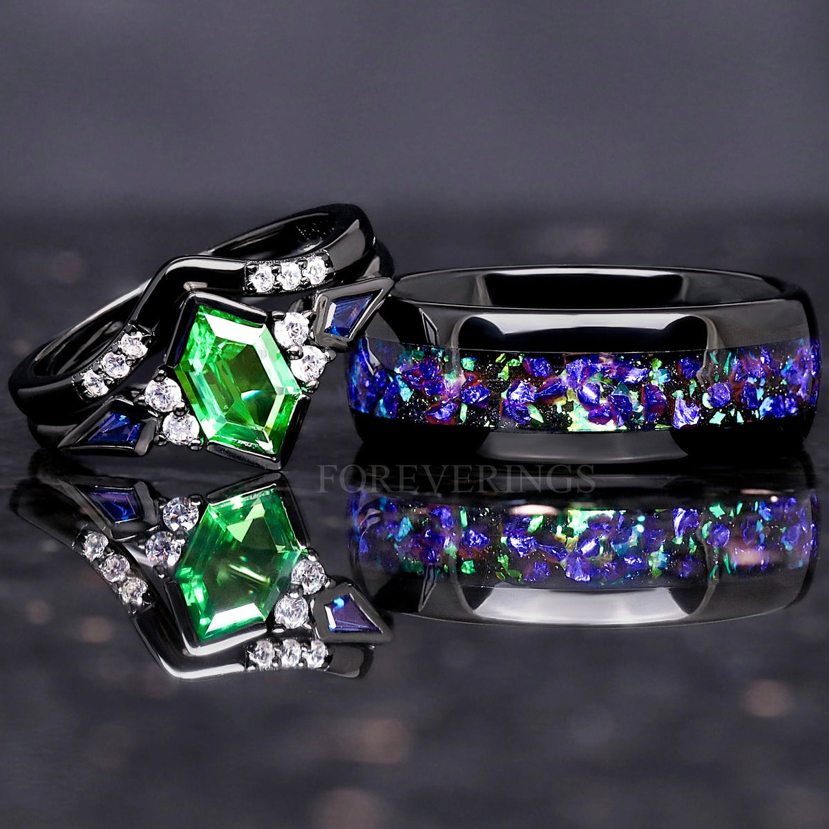 Matching black couples ring set with green tsavorite engagement ring and 8mm Ghost nebula inlay band