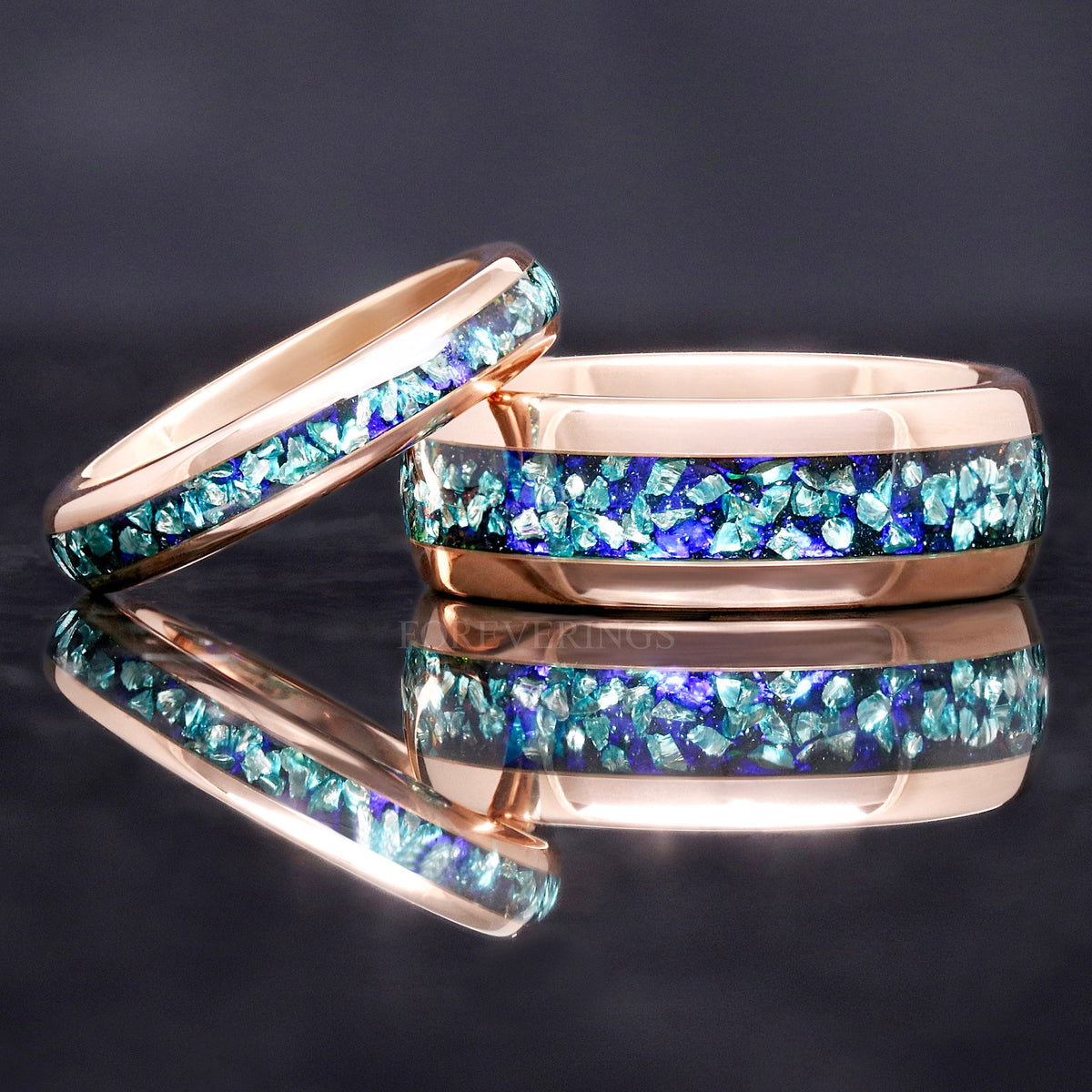 Matching rose gold tungsten couples ring set with crushed aquamarine and blue sandstone inlay, 8mm and 4mm