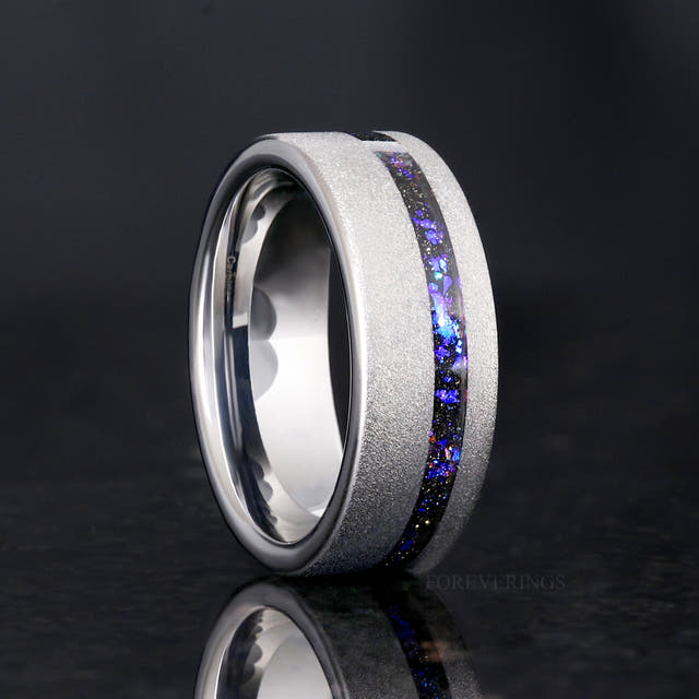 Men's 8mm sandblasted silver tungsten band with an offset nebula sandstone strip, standing