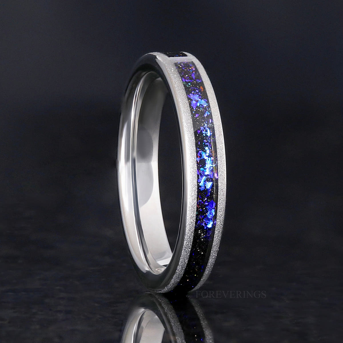 Women's 4mm sandblasted silver tungsten ring with nebula sandstone inlay standing upright