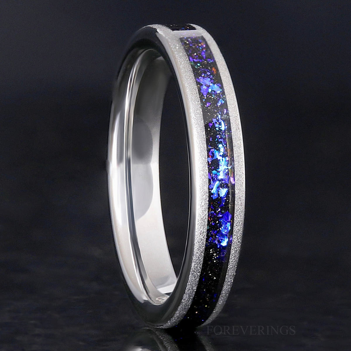 4mm sandblasted silver tungsten ring with Orion nebula sandstone inlay, flat profile