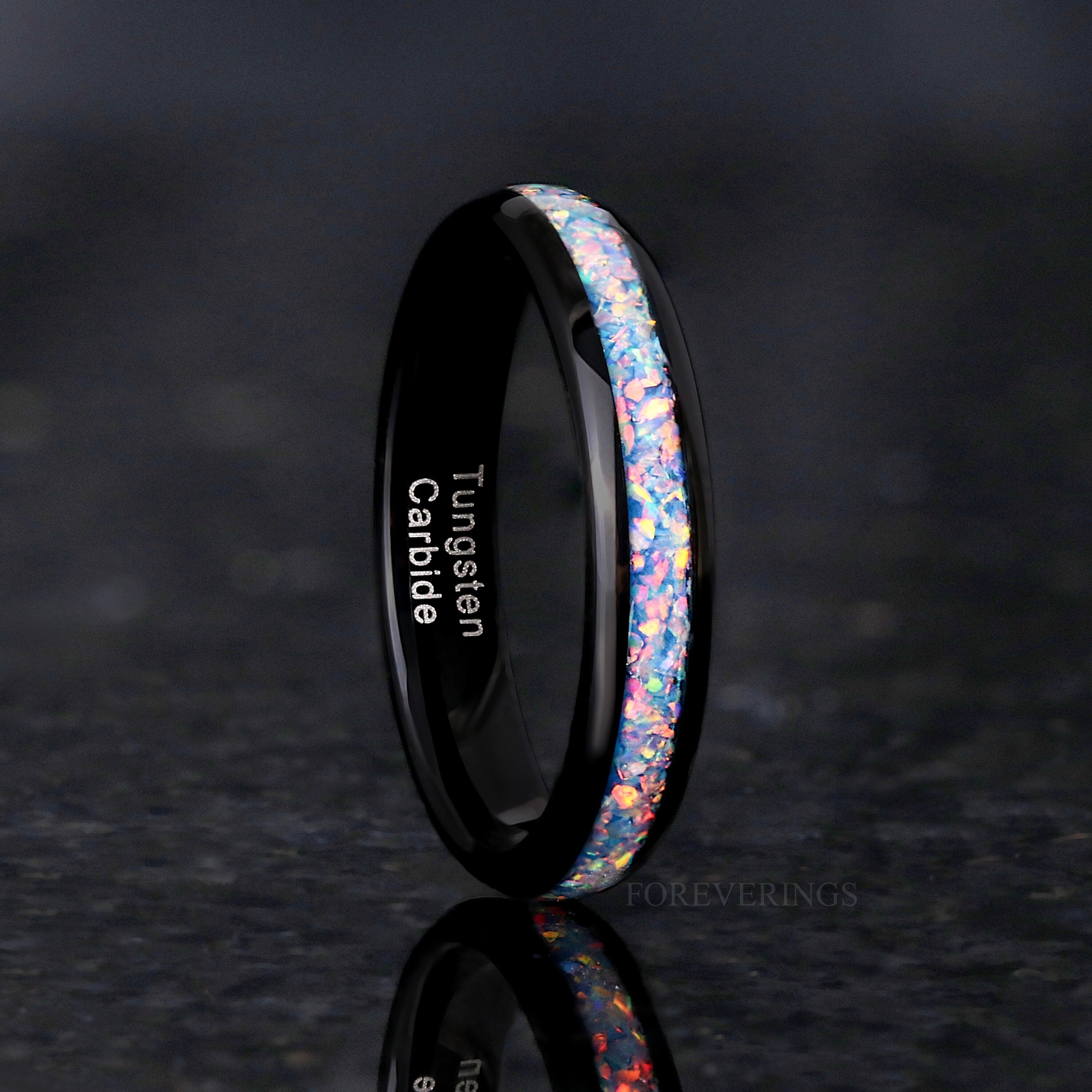 Couples Rainbow Opal Tungsten Wedding Band - Crushed Fire Opal Ring Set, 8mm & 4mm Black Band, Polish, Dome, His Her Matching Ring, Engrave