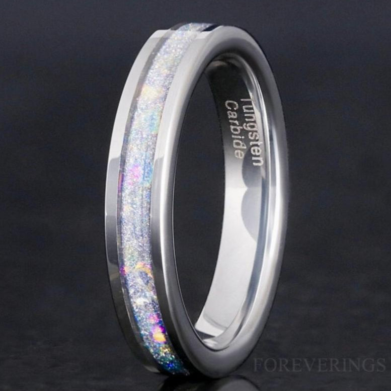 Crushed Moonstone Silver Tungsten Wedding Band, 4mm Nebula Ring, Polished, Flat, Comfort Fit, Unique Ring, Men Women Ring, Engraving
