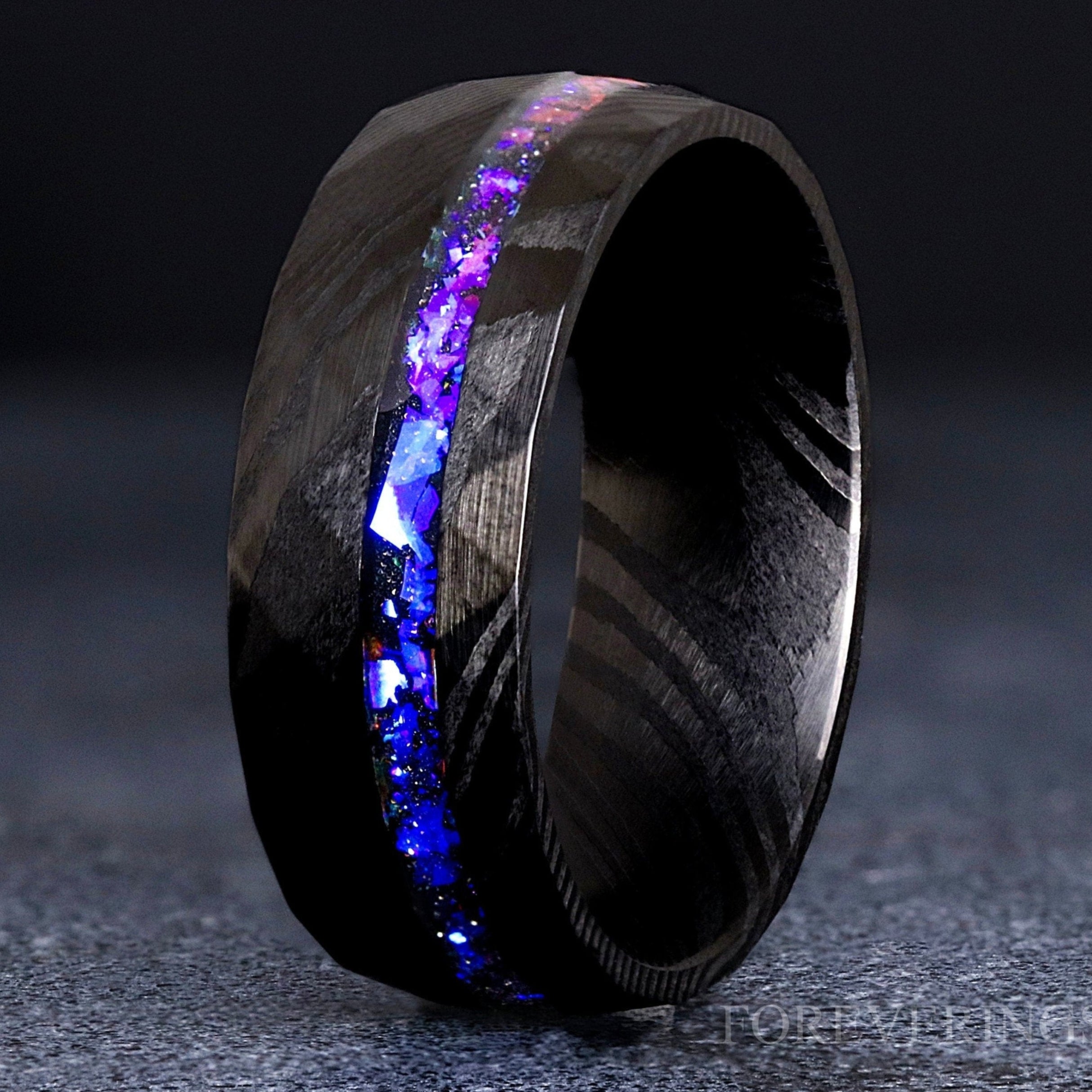 Black Damascus Ring Man, Orion Nebula Wedding Band, Man Facet Ring, Blue Nebula Ring, Hammered Space Ring, Stainless Steel, Ring Engraving