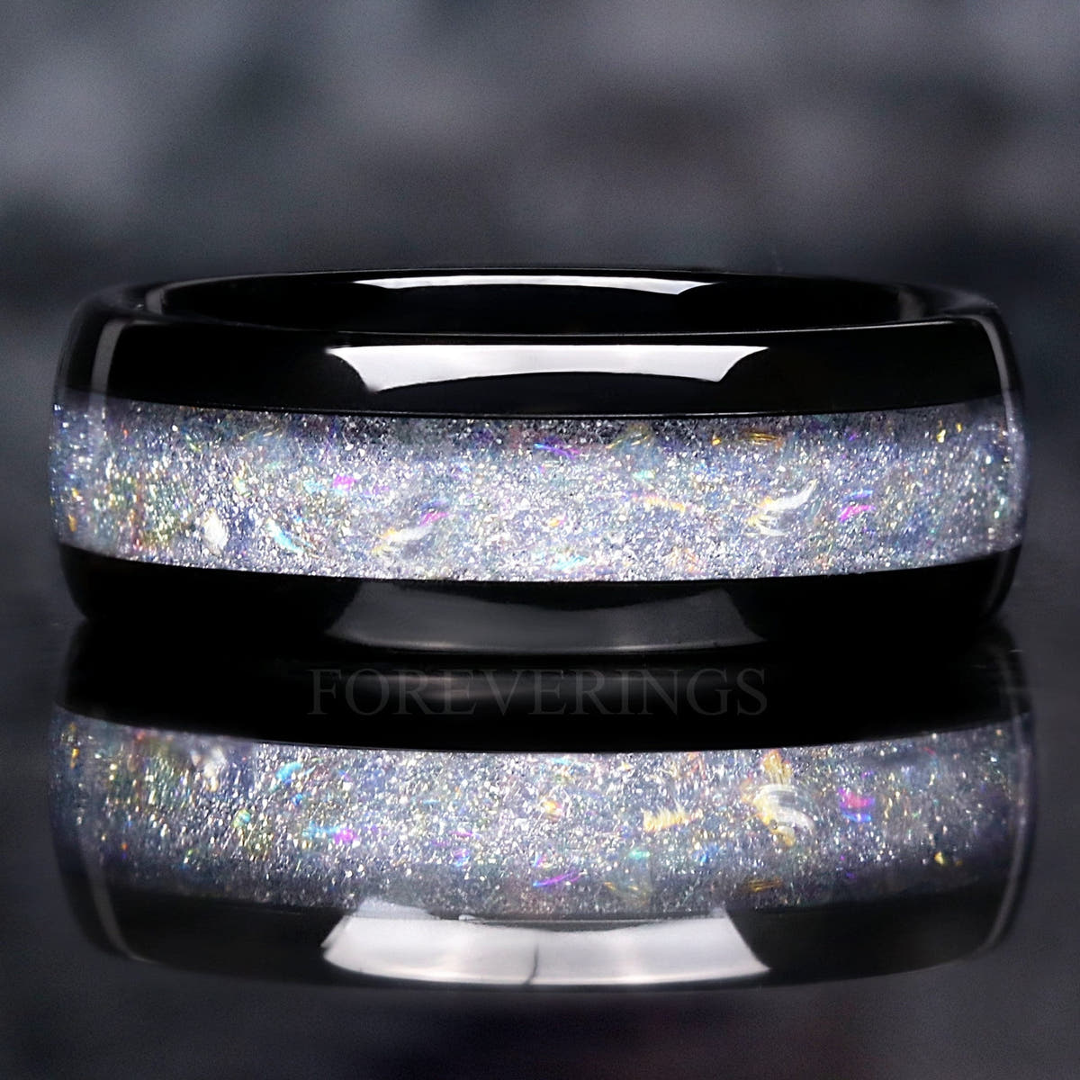 Men's 8mm black tungsten band with a wide moonstone inlay, polished dome