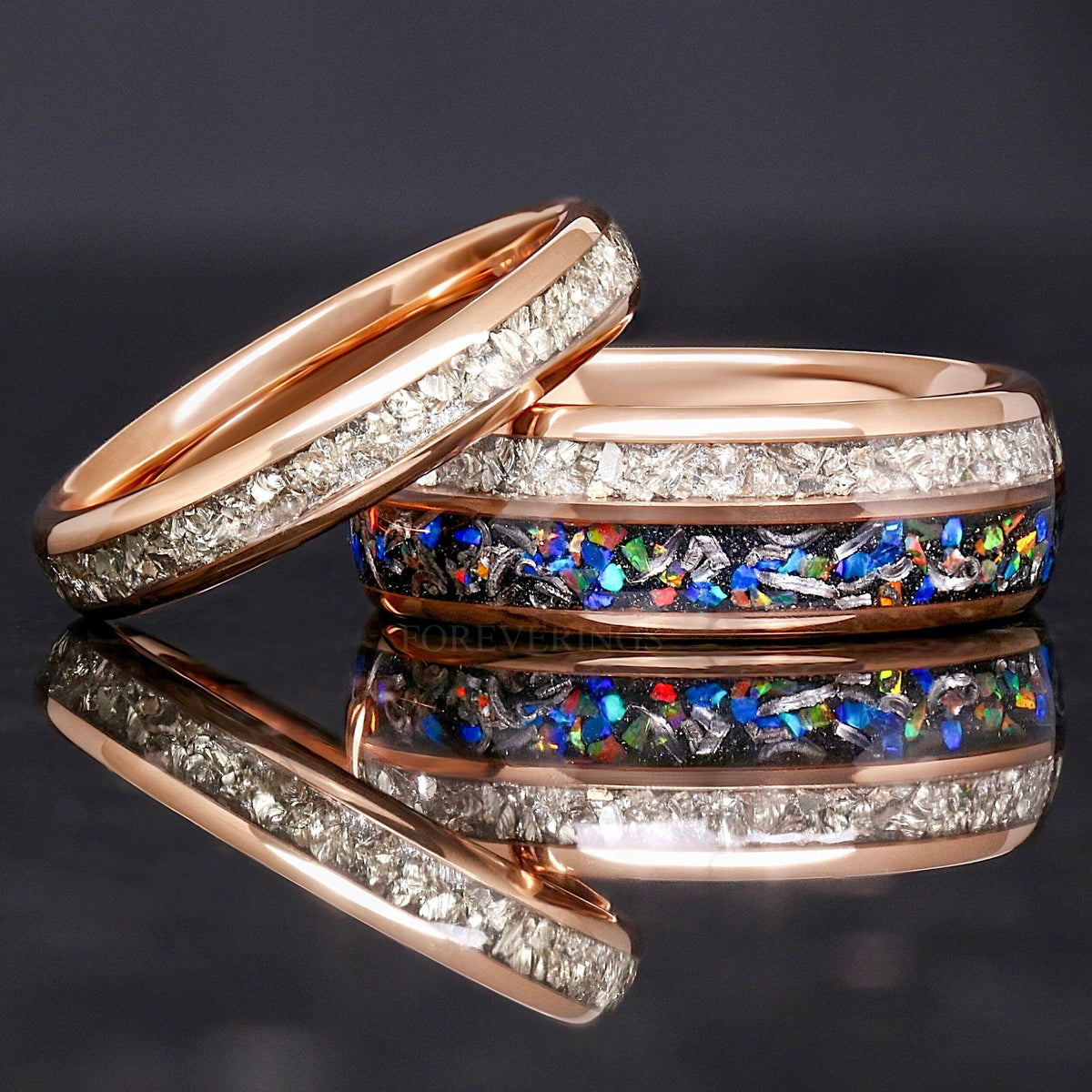 Matching rose gold tungsten couples ring set with galaxy opal, meteorite and crushed diamond inlay, 8mm and 4mm