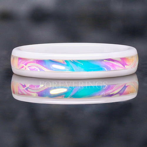 Women's 4mm white ceramic wedding band with iridescent dichrolam inlay