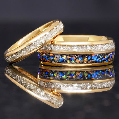 Matching gold tungsten couples ring set with galaxy opal and meteorite inlay, 8mm and 4mm