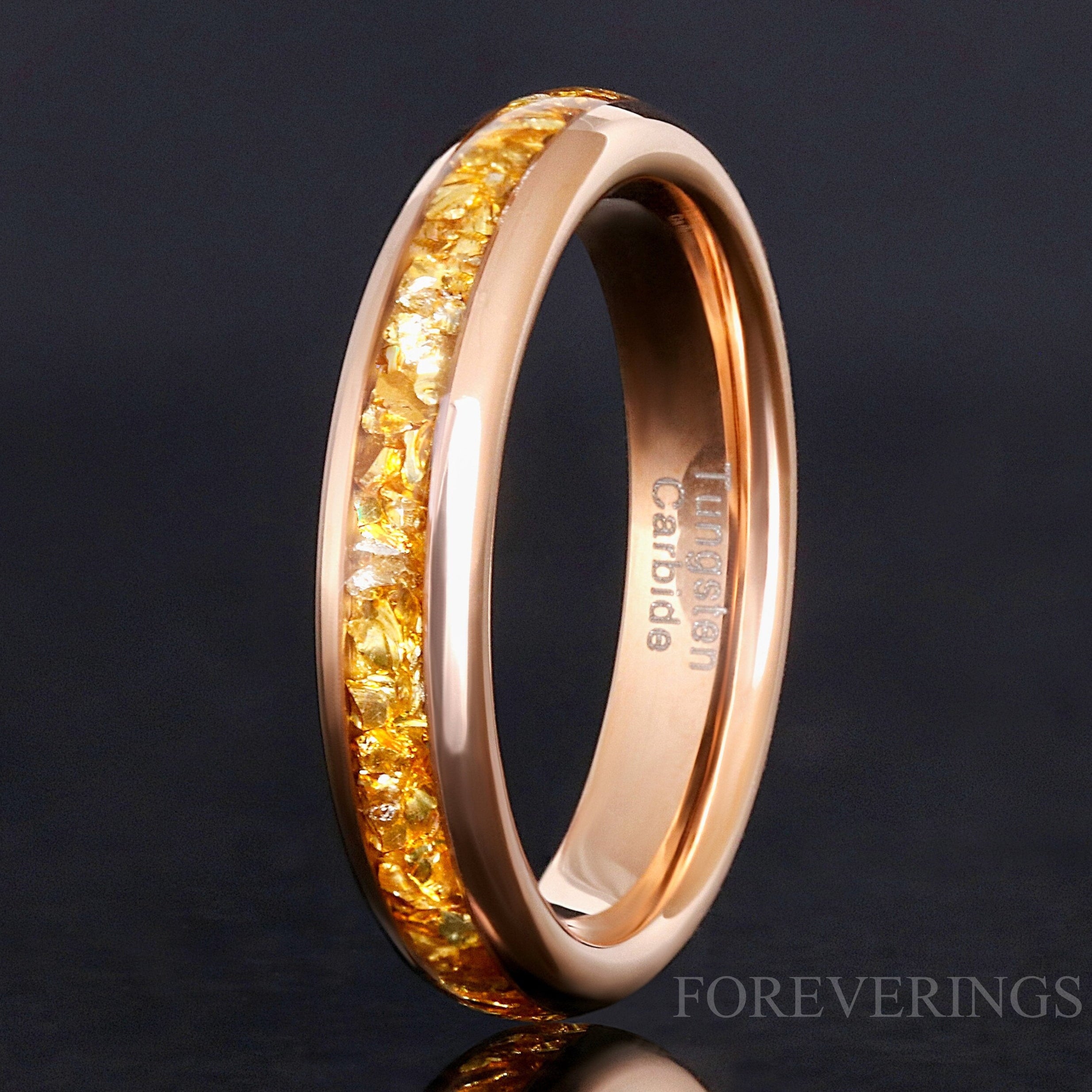 4mm Citrine Rose Gold Tungsten Wedding Band, Unique Men Women Ring, Crushed Citrine Glass Stones Ring, Dome, Polished, Ring Engraving
