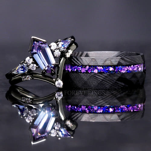 Matching black couples ring set: kite alexandrite bridal set and 8mm Damascus steel band with purple inlay